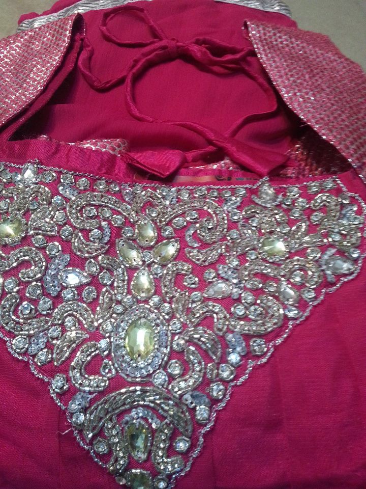 Hot pink net anarkali salwar with pink crystal bead zari